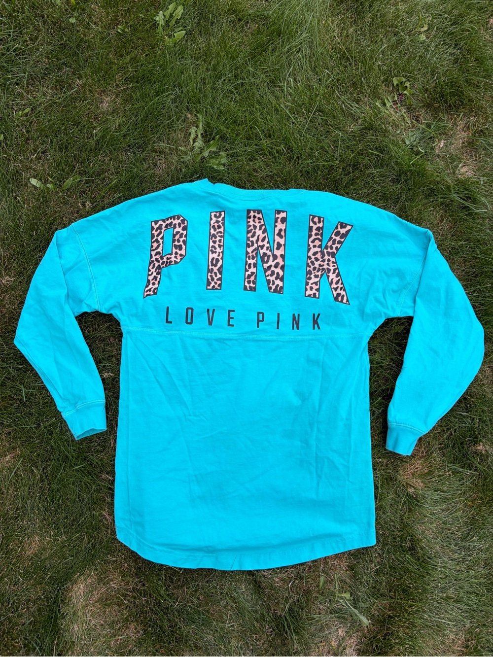PINK Victoria's Secret Turquoise Long Sleeve Love PINK Tee with Leopard Print
